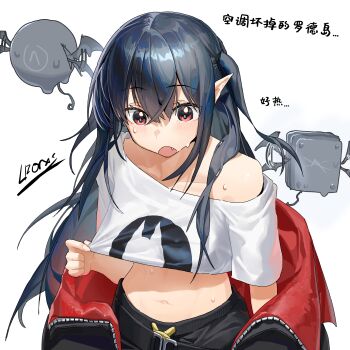 1girl absurdres arknights black_hair black_shorts closure_(arknights) commentary cropped_shirt drone highres jacket lambda_(arknights) lforxs long_hair midriff navel red_eyes shirt shorts simple_background solo sweat translation_request two-sided_fabric two-sided_jacket very_long_hair white_background white_shirt