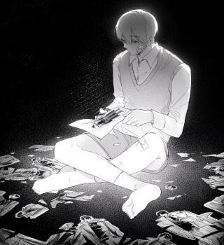 Rule 34 | 1boy, backlighting, bandage on face, bandages, bandaid, bandaid on knee, bandaid on leg, black shorts, collared shirt, crossed legs, cutting, expressionless, full body, greyscale, highres, holding, holding paper, holding scissors, kim dokja, monochrome, multiple views, oldest dream, omniscient reader's viewpoint, paper, scissors, shirt, short hair, shorts, sitting, symbolism, tanppopo9, vest, yoo joonghyuk