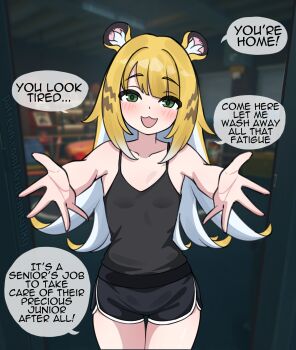 Rule 34 | 1girl, :3, absurdres, alternate costume, animal ear fluff, animal ears, arutemisu180, black shorts, black tank top, blonde hair, blurry, blurry background, blush, breasts, collarbone, colored inner hair, commentary, cowboy shot, dolphin shorts, doorway, english commentary, english text, game screenshot background, green eyes, highres, incoming hug, ju fufu, long hair, looking at viewer, multicolored hair, open mouth, pov doorway, screenshot background, shorts, small breasts, solo, speech bubble, striped fur, striped hair, tank top, tiger ears, tiger girl, tiger stripes, zenless zone zero
