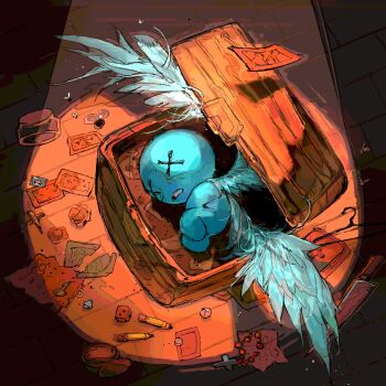 1boy ???_(the_binding_of_isaac) angel_wings bald blue_skin bug clenched_teeth colored_skin commentary cross darkdog death dice feathered_wings fly hashtag-only_commentary highres insect jar kitchen_knife knife male_focus paper pencil rosary solo spotlight teeth the_binding_of_isaac treasure_chest wings x_(symbol)