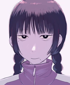 1girl absurdres asian bags_under_eyes braid commentary_request highres jacket koma_neko limited_palette low_twin_braids mole mole_under_eye mole_under_mouth multiple_moles nakano_hitomi_(koma_neko) original portrait solo track_jacket twin_braids