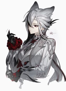 1girl :&lt; absurdres animal_ears arlecchino_(genshin_impact) black_eyes black_hair chinese_commentary coat commentary_request earrings fingernails frilled_sleeves frills genshin_impact hair_over_one_eye hand_up high_collar highres jewelry kemonomimi_mode long_fingernails long_hair long_sleeves looking_ahead multicolored_hair red_pupils ring sanseling simple_background solo streaked_hair symbol-shaped_pupils two-tone_hair upper_body white_background white_coat white_hair wolf_ears x-shaped_pupils