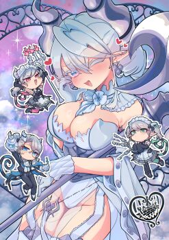 4girls ;d absurdres apron arianna_the_labrynth_servant arianne_the_labrynth_servant arias_the_labrynth_butler blush breasts butler c_civciv candle chibi chibi_inset commentary crossdressing crossdressing_(ftm) cup detached_collar detached_sleeves dragon_girl dragon_horns duel_monster fang female_butler garter_straps gloves grey_hair half-heart_hands heart highres holding holding_teapot horns keyring large_breasts leotard looking_at_viewer lovely_labrynth_of_the_silver_castle maid maid_apron maid_headdress monocle multiple_girls one_eye_closed open_mouth outline pointy_ears pouring skin_fang smile symbol-only_commentary teacup teapot twintails white_garter_straps white_gloves white_leotard white_outline yu-gi-oh!