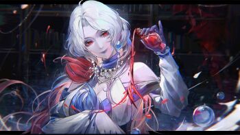 0ishur 1girl bare_shoulders blue_lips bottle breasts bubble cassia_(path_to_nowhere) cleavage earrings gloves highres holding holding_bottle jewelry liquid long_hair necklace pale_skin path_to_nowhere perfume_bottle red_eyes single_glove solo very_long_hair white_hair