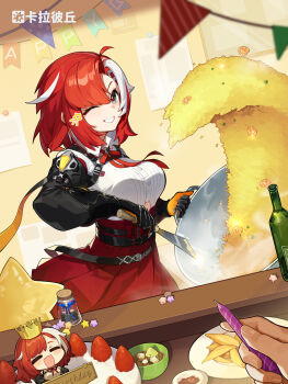 1girl 1other absurdres belt birthday birthday_cake black_belt black_gloves bottle bowl breasts cake candle character_doll cooking doll eika_(strinova) food food_request french_fries frying_pan gloves grin high-waist_skirt highres holding holding_candle holding_frying_pan holding_spatula indoors kitchen medium_breasts multicolored_hair neck_ribbon no_mask official_art parted_bangs pepper_shaker red_hair red_pupils red_ribbon red_skirt ribbon shirt short_hair sidelocks skirt smile solo_focus spatula strawberry_cake streaked_hair string_of_flags strinova two-tone_hair white_hair white_shirt