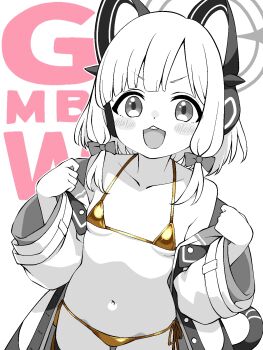 1girl animal_ear_headphones animal_ears bare_shoulders bikini blue_archive blush bow breasts buta_(dhakaoat) buttons cat_ear_headphones cat_ears cat_tail collarbone commentary_request cowboy_shot fake_animal_ears fake_tail gold_bikini greyscale hair_bow halo hands_up headphones highres jacket loli long_sleeves looking_at_viewer low-tied_sidelocks micro_bikini momoi_(blue_archive) monochrome navel off_shoulder open_clothes open_jacket open_mouth parted_bangs short_hair side-tie_bikini_bottom sidelocks simple_background small_breasts smile solo spot_color swimsuit tail tareme text_background unbuttoned v-shaped_eyebrows white_background wide_sleeves