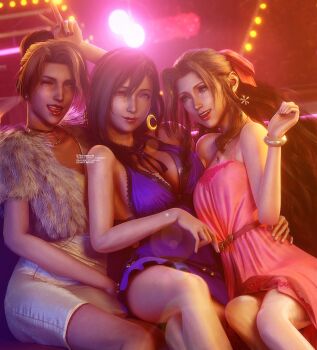 3d 3girls aerith_gainsborough arm_around_waist asymmetrical_bangs black_hair blue_dress bracelet breasts brown_hair choker cleavage dress earrings final_fantasy final_fantasy_vii final_fantasy_vii_remake fur_scarf green_eyes hair_between_eyes hair_ribbon hand_above_head highres jessie_rasberry jewelry large_breasts lipstick long_hair makeup medium_breasts multiple_girls necklace one_eye_closed parted_bangs pink_dress pink_ribbon ponytail red_eyes ria-neearts ribbon sidelocks square_enix tifa_lockhart upper_body v wall_market white_dress wink