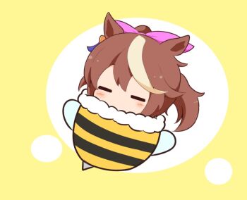 Rule 34 | 1girl, bee costume, blush stickers, brown hair, closed eyes, facing viewer, gomashio (goma feet), hair between eyes, hair ribbon, multicolored hair, pink ribbon, ponytail, ribbon, solo, streaked hair, tokai teio (umamusume), two-tone background, umamusume, white background, white hair, yellow background