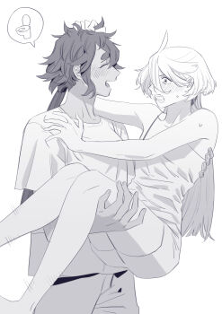 2girls absurdres bare_arms bare_legs barefoot blush camisole carrying commentary_request greyscale gundam gundam_suisei_no_majo hand_on_another&#039;s_back hand_on_another&#039;s_head hand_on_another&#039;s_shoulder hand_on_another&#039;s_thigh highres korean_commentary long_hair miorine_rembran monochrome motion_lines multiple_girls open_mouth princess_carry shirt short_sleeves shorts smile snapagi spoken_object suletta_mercury sweatdrop thick_eyebrows toilet yuri