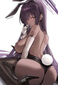 1girl absurdres ahoge animal_ears ass back backless_leotard bare_shoulders black_hair black_leotard black_shoes black_thighhighs blue_archive blush breasts commentary dark-skinned_female dark_skin detached_collar earrings elbow_gloves fake_animal_ears from_behind gloves gradient_hair hair_between_eyes halo high_heels highleg highleg_leotard highres holding holding_own_hair jewelry jun_daniell karin_(blue_archive) large_breasts leotard long_hair looking_at_viewer looking_back median_furrow multicolored_hair number_tattoo playboy_bunny purple_hair purple_halo rabbit_ears rabbit_tail shoes shoulder_tattoo sideboob simple_background sitting solo strapless strapless_leotard symbol-only_commentary tail tattoo thighhighs thighs twitter_username very_long_hair wariza white_background white_gloves white_wrist_cuffs wrist_cuffs yellow_eyes