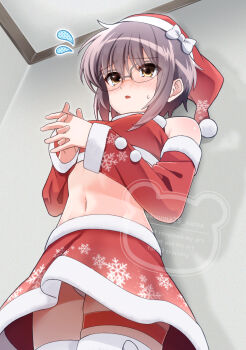 1girl :o brown_eyes commentary_request detached_sleeves glasses hat highres kuuma25_kuma midriff nagato_yuki navel own_hands_together parted_lips purple_hair red_hat red_shirt red_skirt red_sleeves santa_costume santa_hat shirt short_hair skirt solo stomach stomach_day suzumiya_haruhi_no_shoushitsu suzumiya_haruhi_no_yuuutsu thighs tongue watermark