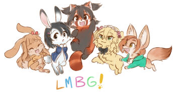 :d akagi_miria animal animal_focus animal_with_hair animalization black_bow black_bowtie black_hair blonde_hair blue_jacket bow bowtie brown_eyes brown_hair closed_eyes clothed_animal commentary dog english_commentary green_eyes green_jacket ichihara_nina idolmaster idolmaster_cinderella_girls jacket long_hair mahoxyshoujo no_humans open_mouth rabbit red_panda ryuzaki_kaoru sakurai_momoka sasaki_chie short_hair simple_background smile white_background yellow_eyes
