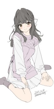 1girl absurdres blush bow breasts brown_eyes closed_mouth dress grey_hair hair_bow highres long_hair long_sleeves looking_at_viewer original purple_dress purple_socks simple_background sitting smile socks solo unasaka_ryou wariza white_background white_bow white_dress
