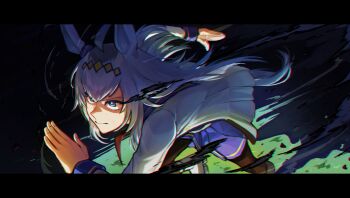 1girl animal_ears autux black_hair black_pantyhose blue_eyes blue_skirt boots closed_mouth commentary_request determined dress fur-trimmed_boots fur_trim grass hair_ornament highres horse_ears horse_girl horse_tail motion_lines multicolored_hair oguri_cap_(starlight_beat)_(umamusume) oguri_cap_(umamusume) pantyhose pleated_skirt racing railing running running_track sailor_dress skirt solo speed_lines tail two-tone_hair umamusume white_boots white_hair