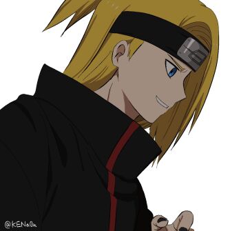 1boy akatsuki_uniform black_coat black_nails blonde_hair blue_eyes coat deidara_(naruto) forehead_protector from_side iwagakure_symbol kena0n looking_down male_focus naruto_(series) naruto_shippuuden smile solo twitter_username upper_body white_background