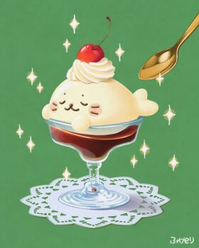 :3 absurdres animal animal_focus cherry closed_eyes commentary_request creature_as_food food fruit green_background highres no_humans original pudding seal_(animal) sparkle spoon whipped_cream yatima_sirotan