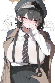 1girl 1other arm_under_breasts belt black_belt black_eyes black_hair black_necktie blue_archive blush breasts bright_pupils brown_cape cape hat highres hiromi_(blue_archive) huge_breasts large_breasts long_sleeves looking_at_viewer medium_hair military_hat mixed-language_commentary necktie pants shirt simple_background smile solo_focus striped_clothes striped_pants suspenders_pull vertical-striped_clothes vertical-striped_pants white_background white_pupils white_shirt yzr_(yzr99)
