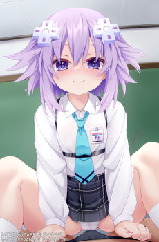 1boy 1girl artist_name blue_archive blush breasts bulge choujigen_game_neptune classroom cleft_of_venus arrow_symbol_hair_ornament gabriel_evangel girl_on_top highres hoshino_(blue_archive) long_sleeves looking_at_viewer miniskirt necktie neptune_(neptunia) neptune_(series) paid_reward_available panties pantyshot pleated_skirt purple_eyes purple_hair shirt short_hair signature skirt small_breasts smile socks spread_legs straddling teasing underwear white_shirt white_socks