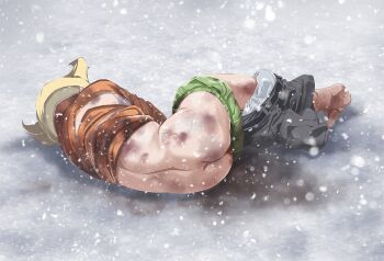 1boy ass barefoot barry_(pokemon) beaten black_pants blonde_hair boxers bruise clothes_pull defeat green_male_underwear humiliation injury lying male_focus male_underwear male_underwear_pull nintendo on_side outdoors pants pants_pull pokemon pokemon_dppt pokemon_platinum shirt short_hair snow snowing striped_clothes striped_shirt torn_clothes torn_shirt tsukishiro_saika underwear