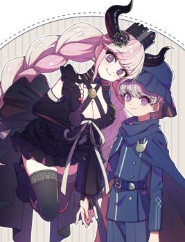 1boy 1girl belt black_dress black_flower black_footwear black_gloves black_horns black_nails black_sleeves black_thighhighs blue_belt blue_cape blue_headwear blue_jacket blue_shorts braid breasts cape cheeseko cleavage commentary criss-cross_halter crown detached_sleeves dress fingerless_gloves floating floral_print flower frilled_dress frills gloves hair_flower hair_ornament halterneck hand_up hat horns jacket large_breasts long_hair long_sleeves looking_at_viewer master_detective_archives:_rain_code multicolored_hair nail_polish pink_hair purple_eyes purple_hair ribbon shinigami_(rain_code) short_hair shorts smile standing symbol-only_commentary symbol_in_eye thighhighs twin_braids two-tone_hair very_long_hair white_hair white_ribbon yuma_kokohead