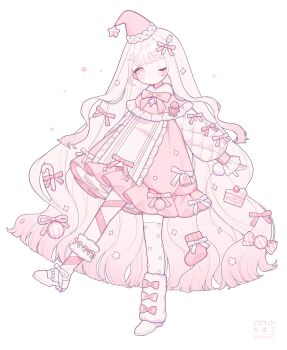 1girl 3tokitamago absurdres blonde_hair blunt_ends blush boots bow bowtie closed_mouth commentary dress footwear_bow full_body hair_bow hat highres leg_ribbon long_hair long_sleeves one_eye_closed original pink_bow pink_bowtie pink_dress pink_eyes red_hat red_ribbon ribbon santa_hat signature simple_background sleeve_bow solo standing standing_on_one_leg symbol-only_commentary very_long_hair white_background white_boots