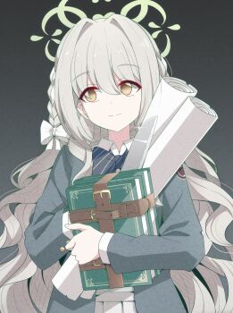 1girl blue_archive book bow bowtie braid brown_eyes collared_shirt commentary_request diagonal-striped_bow diagonal-striped_bowtie diagonal-striped_clothes empty_eyes gradient_background green_halo grey_hair grey_skirt hair_bow hair_intakes halo highres holding holding_book holding_knife jacket karikura_(atatata71) knife long_hair long_sleeves miyo_(blue_archive) open_clothes open_jacket rolled_up_paper shirt skirt striped_bow striped_bowtie striped_clothes upper_body wavy_hair white_bow white_shirt