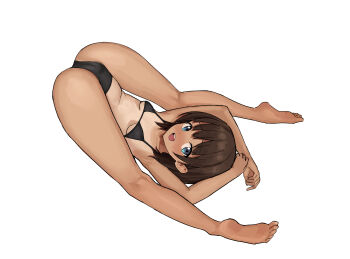 1girl :d absurdres armpits arms_up ass barefoot bikini black_bikini black_hair blue_eyes blush breasts choppy_bangs folded from_above from_side full_body highres itsuki_nofuji legs_over_head loli looking_at_viewer medium_hair nose_blush open_mouth original raised_inner_eyebrows simple_background small_breasts smile soles solo stomach string_bikini swimsuit tan tanline toes underboob white_background