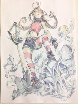 1girl ahoge belt belt_buckle black_boots black_gloves blonde_hair blue_eyes boots bracelet breasts buckle cloud collar commentary crop_top fingerless_gloves flipped_hair from_below full_body ghost gloves graveyard hair_over_one_eye heart highres holding holding_shovel jewelry long_hair midriff moon nail_polish navel open_mouth original peter_salt red_belt red_nails red_shirt red_thighhighs shirt short_shorts shorts shovel skindentation skull sleeveless sleeveless_shirt small_breasts solo spiked_bracelet spiked_collar spikes standing striped_clothes striped_thighhighs thighhighs tombstone traditional_media zettai_ryouiki