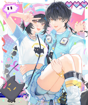 1boy 1girl :d arm_up bag bag_charm beanie belt bike_shorts_under_skirt black_hair blue_sleeves blue_vest braid breasts carrying carrying_person cat_charm charm_(object) copyright_name crop_top cutoffs denim denim_skirt earflap_beanie earrings female_rover_(wuthering_waves) hair_between_eyes hat headphones headphones_around_neck jewelry kneehighs long_hair looking_at_viewer loose_socks male_focus male_rover_(wuthering_waves) medium_breasts midriff multiple_necklaces navel official_alternate_costume open_mouth raglan_sleeves rover_(wuthering_waves) shirt shoulder_bag sidelocks single_braid skirt smile socks standing stud_earrings tamagotchi_(virtual_pet) teeth tsuaaa upper_teeth_only v v_over_eye very_long_hair vest virtual_pet_(toy) white_belt white_shirt white_socks wristband wuthering_waves yellow_eyes zipper zipper_pull_tab