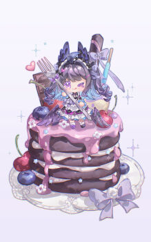 1girl ;q absurdres ahoge blue_hair blueberry blush cake candy cherry chibi chibi_only chocolate chocolate_bar colored_inner_hair commentary dzrzpuna2tcxcu3 enna_alouette enna_alouette_(maid) food fork fruit hair_intakes head_wings heart highres holding holding_fork icing konpeitou layer_cake long_hair looking_at_viewer low_wings maid maid_headdress mini_person minigirl multicolored_hair nijisanji nijisanji_en on_food one_eye_closed purple_eyes purple_hair single_fishnet_legwear solo sparkle symbol-only_commentary tongue tongue_out two_side_up virtual_youtuber wings