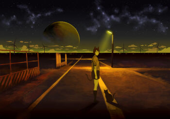 Rule 34 | 1girl, animal ears, bad id, bad pixiv id, cat, cat ears, cat tail, female focus, horizon, lamppost, lights, looking back, night, original, planet, road, scenery, school uniform, serafuku, shadow, shiira, short hair, sky, solo, star (sky), star (symbol), starry sky, tail, wind turbine, windmill