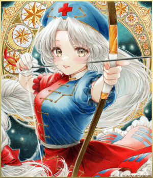 1girl arrow_(projectile) blue_dress blue_hat blush bow bow_(weapon) breasts commentary_request constellation_print cross drawing_bow dress frilled_dress frills grey_hair hair_bow hat holding holding_arrow holding_bow_(weapon) holding_weapon long_hair looking_at_viewer marker_(medium) medium_breasts nurse_cap print_hat puffy_short_sleeves puffy_sleeves red_bow red_cross red_dress s.mamiya short_sleeves smile solo touhou traditional_media trigram two-tone_dress very_long_hair weapon yagokoro_eirin yellow_eyes