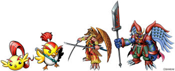 1boy armor bandai biceps bird buraimon butenmon chicchimon chicken commentary_request copyright_name digimon digimon_(creature) dual_wielding eggshell evolutionary_line full_body hat helmet holding holding_sword holding_weapon horns hyokomon katana looking_at_viewer mechanical_wings muscular official_art red_armor red_helmet ronin straw_hat sword sword_on_back weapon weapon_on_back wings