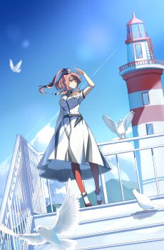 1girl absurdres akagi_(akagi1924) arm_up belt bird black_belt blue_eyes breast_pocket breasts brown_hair commentary_request dress full_body hair_between_eyes high_side_ponytail highres kantai_collection large_breasts lighthouse looking_to_the_side neckerchief outdoors pocket ponytail red_thighhighs saratoga_(kancolle) saratoga_mk_ii_(kancolle) seagull shading_face side_ponytail sidelocks smile smokestack smokestack_hair_ornament solo thighhighs white_dress