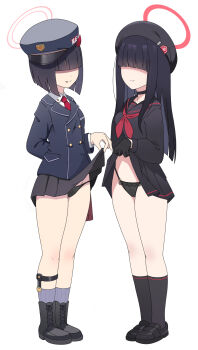 2girls beret black_hair blue_archive blunt_bangs boots choker clothes_lift commentary_request demon_horns prefect_team_member_(blue_archive) hair_over_eyes halo hat highres horns justice_task_force_member_(blue_archive) loafers long_hair multiple_girls nyaru_(nyaru_4126) panties peaked_cap pleated_skirt school_uniform serafuku shoes short_hair skirt skirt_lift tongue tongue_out underwear white_background