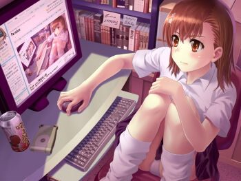 1girl blush book brown_eyes brown_hair cellphone computer computer_keyboard computer_mouse denhijou_niki english_text female_focus flower fractal fractile hair_flower hair_ornament highres indoors leg_warmers loose_socks misaka_mikoto monitor mouse_(animal) panties pantyshot phone pixiv profanity recursion recursive short_hair sitting socks solo toaru_kagaku_no_railgun toaru_majutsu_no_index truth underwear