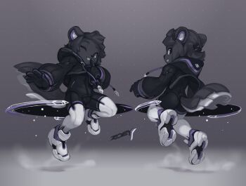 1boy 2022 absurdres bike_shorts black_bodysuit black_fur black_gloves black_hair bodysuit chinese_commentary commentary crop_top english_commentary finger_to_mouth floating floating_hair from_behind furry furry_male gloves head_tilt highres hood hooded_jacket jacket krita_(medium) leggings light_smile long_sleeves looking_at_viewer looking_back one_eye_closed original parted_lips purple_eyes raised_inner_eyebrows sable_(animal) shoe_soles shoes shushing signature simple_background sneakers spirit_animals_in_disguise trap tsurime tyson_tan white_leggings white_shoes zoey_the_spirit_sable