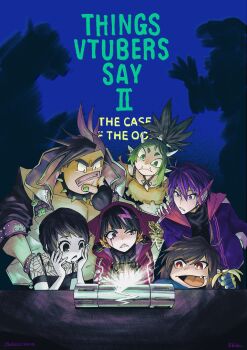 Rule 34 | 3boys, 3girls, absurdres, antenna hair, artist name, artist request, banana, black choker, black gloves, black hair, black lips, black shirt, blunt bangs, bone hair ornament, brown hair, brown shirt, canister, check artist, choker, closed mouth, colored skin, commentary, commission, commissioner name, coqui saporana, crack, crop top, ebido, english commentary, english text, falseeyed, fang, fangs, fingerless gloves, fingernails, food, fruit, gloves, glowing, green eyes, green hair, green nails, hair ornament, hand in pocket, hand on own chin, hands on own face, headset, highres, holding, holding food, holding fruit, hood, hood down, hooded jacket, horns, indie virtual youtuber, jacket, jakatoxtra, jewelry, krimbo (vtuber), lips, long hair, long sleeves, meat (vtuber), midriff, multicolored hair, multiple boys, multiple girls, nail polish, navel, necklace, open clothes, open jacket, open mouth, pectorals, pink hair, pixie cut, pointy ears, poster parody, pumpkin potion, purple hair, purple jacket, red eyes, red jacket, rope, rummy &amp; coqui, scar, scar across eye, scar on face, sharp fingernails, sharp teeth, shirt, short hair, short twintails, skeb commission, spiked choker, spiked hair, spikes, streaked hair, teenage mutant ninja turtles, teenage mutant ninja turtles ii: the secret of the ooze, teeth, thick eyebrows, tongue, tooth necklace, topknot, torn clothes, torn shirt, twintails, two-tone hair, v-shaped eyebrows, very short hair, virtual youtuber, white jacket, white skin