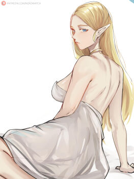 1girl absurdres arm_support back bare_arms bare_back bare_shoulders blonde_hair blue_eyes breasts dress half-closed_eyes highres hyrule_warriors:_age_of_calamity jewelry lips long_hair medium_breasts neck necklace nero_watch nintendo non-web_source official_alternate_costume parted_bangs pointy_ears princess_zelda sideboob simple_background sitting solo straight_hair strapless strapless_dress the_legend_of_zelda the_legend_of_zelda:_breath_of_the_wild thick_eyebrows white_background white_dress yokozuwari