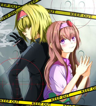 2girls alice_margatroid back-to-back black_gloves black_jacket blonde_hair blush brown_hair capelet caution caution_tape cigarette closed_mouth commentary_request cookie_(touhou) food-themed_hair_ornament frilled_hairband frills gloves grey_background hair_between_eyes hair_ornament hair_over_eyes hairband highres holding holding_cigarette ichigo_(cookie) jacket jigen_(cookie) long_bangs long_hair looking_at_viewer multiple_girls necktie open_mouth pink_capelet pink_eyes pink_hairband purple_necktie sakuna_brownie short_hair sidelocks smile smoke smoking steepled_fingers strawberry_hair_ornament touhou upper_body
