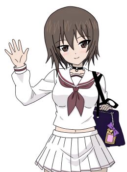 1girl bag black_choker blush boko_(girls_und_panzer) breasts brown_eyes brown_hair choker girls_und_panzer gyaru highres holding holding_bag large_breasts long_sleeves looking_at_viewer nishizumi_maho pleated_skirt red_serafuku sailor_collar school_bag school_uniform serafuku shirt short_hair skirt smile solo sukusuto5koharu waving white_sailor_collar white_shirt white_skirt