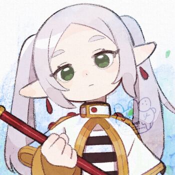 1girl black_shirt blue_background capelet closed_mouth commentary earrings elf frieren green_eyes grey_hair holding holding_staff jewelry long_hair long_sleeves looking_at_viewer parted_bangs pointy_ears shirt sidelocks solo sousou_no_frieren staff striped_clothes striped_shirt teardrop_earrings thick_eyebrows twintails upper_body watermark white_capelet yknsugar