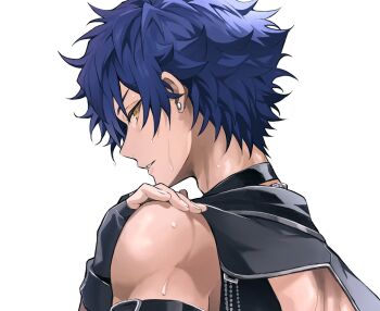 Rule 34 | 1boy, black gloves, blue hair, clenched teeth, commentary request, earrings, ensemble stars!, feature scout 2 (ensemble stars!), fingerless gloves, fingernails, from behind, gloves, hand on own shoulder, hand up, highres, jewelry, male focus, official alternate costume, parted lips, sazanami jun, short hair, sideways glance, simple background, solo, sweat, teeth, trmro0612, white background, yellow eyes
