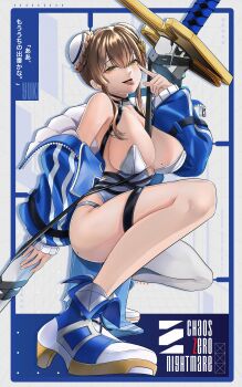 1girl absurdres arm_up bare_shoulders black_choker blue_dress blue_jacket blush braid braided_bun breasts brown_hair bun_cover chaos_zero_nightmare choker cleavage commentary_request cropped_jacket double_bun dress eyeliner gradient_clothes gradient_dress hair_bun hair_ornament highres huge_weapon jacket large_breasts looking_at_viewer makeup miki_(horop) mole mole_on_breast mole_under_mouth off_shoulder open_clothes open_jacket open_mouth panty_straps pelvic_curtain piercing red_eyeliner short_hair_with_long_locks single_thighhigh skindentation smile solo strapless strapless_dress sword thigh_strap thighhighs thighs tongue tongue_out tongue_piercing weapon yellow_eyes yuki_(chaos_zero_nightmare)