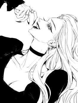 1girl breasts choker cleavage collarbone ear_piercing earrings fang fingernails from_side greyscale hand_up highres jewelry lips long_fingernails long_hair monochrome open_mouth original piercing profile ring simple_background smile solo teeniika upper_body white_background