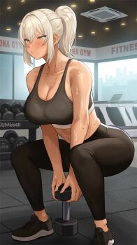 1girl bare_shoulders black_pants black_shoes black_sports_bra blush breasts cleavage cona_ember_(jagaimo_(kkamja)) dumbbell exercising hair_between_eyes high_ponytail indoors jagaimo_(kkamja) large_breasts original pants platinum_blonde_hair ponytail shoes sidelocks sneakers solo sports_bra squatting sweat treadmill window yellow_eyes yoga_pants