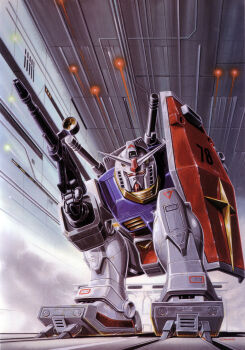 1980s_(style) absurdres beam_rifle earth_federation_space_forces energy_gun gundam hangar highres machinery mecha mecha_focus mobile_suit mobile_suit_gundam no_humans official_art oldschool ookawara_kunio painting_(medium) promotional_art realistic retro_artstyle robot roundel rx-78-2_gundam scan science_fiction shield signature spacecraft_interior squatting traditional_media v-fin weapon white_base yellow_eyes
