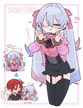 !? &gt;_&lt; 1boy 2boys arrow_(symbol) bare_shoulders black_choker black_corset black_ribbon black_shirt black_skirt black_thighhighs blue_eyes blue_hair blush bow bulge cardigan chibi choker collar collared_shirt colored_tips commentary corset cowboy_shot crossdressing crossdressing_(mtf) double-parted_bangs earclip embarrassed eyepatch fang fangs flipped_hair flying_sweatdrops frilled_collar frilled_shirt_collar frills furrowed_brow garter_straps grey_hair hair_between_eyes hair_bow hair_intakes hand_up hands_up heart highres holding holding_another&#039;s_wrist jewelry licking licking_another&#039;s_finger long_hair long_sleeves looking_at_viewer male_focus medical_eyepatch miniskirt mismatched_pupils multicolored_hair multiple_boys multiple_views narrowed_eyes neck_ribbon necklace no_nose off_shoulder one_eye_covered op_na_yarou open_cardigan open_clothes open_mouth original panties panty_peek parted_lips pink_bow pink_cardigan pink_panties pink_shirt quad_tails raised_inner_eyebrows red_eyes red_hair ribbon rigel_(op_na_yarou) shirt short_hair sidelocks simple_background skirt sleeveless sleeveless_shirt sleeves_rolled_up speech_bubble spiked_hair standing straight_hair sweat sweatdrop t-shirt teardrop thighhighs thighs thought_bubble tongue tongue_out trap two-tone_hair underwear upper_body v-neck v-shaped_eyebrows very_long_hair watermark white_background white_hair