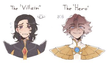 Rule 34 | 2boys, armor, black armor, black hair, blue eyes, blue gemstone, blush, cat, commentary, crying, dog, doodle inset, english commentary, english text, gem, gold armor, hair over one eye, high collar, highres, looking at viewer, medium hair, multiple boys, peanutvicku, portrait, purple eyes, red gemstone, short hair, small pupils, sweatdrop, teeth, white hair