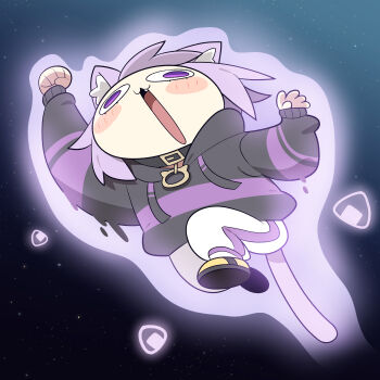 1girl :3 absurdres animal_ear_fluff animal_ears black_hoodie blush cat_ears cat_girl cat_tail cocomayo29_(tomato) collar commentary flying food from_below full_body highres hololive hood hoodie long_sleeves nekomata_okayu nekomata_okayu_(1st_costume) onigiri open_mouth pants purple_eyes purple_hair purple_tail shoes short_hair solo space sweatpants tail virtual_youtuber white_pants yellow_shoes